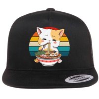 Kawaii Ramen Cat Retro Sunset Flat Bill Trucker Hat