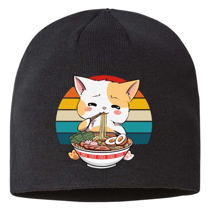 Kawaii Ramen Cat Retro Sunset Sustainable Beanie