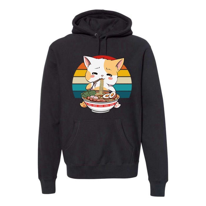 Kawaii Ramen Cat Retro Sunset Premium Hoodie