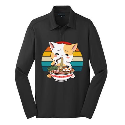 Kawaii Ramen Cat Retro Sunset Silk Touch Performance Long Sleeve Polo