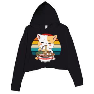 Kawaii Ramen Cat Retro Sunset Crop Fleece Hoodie