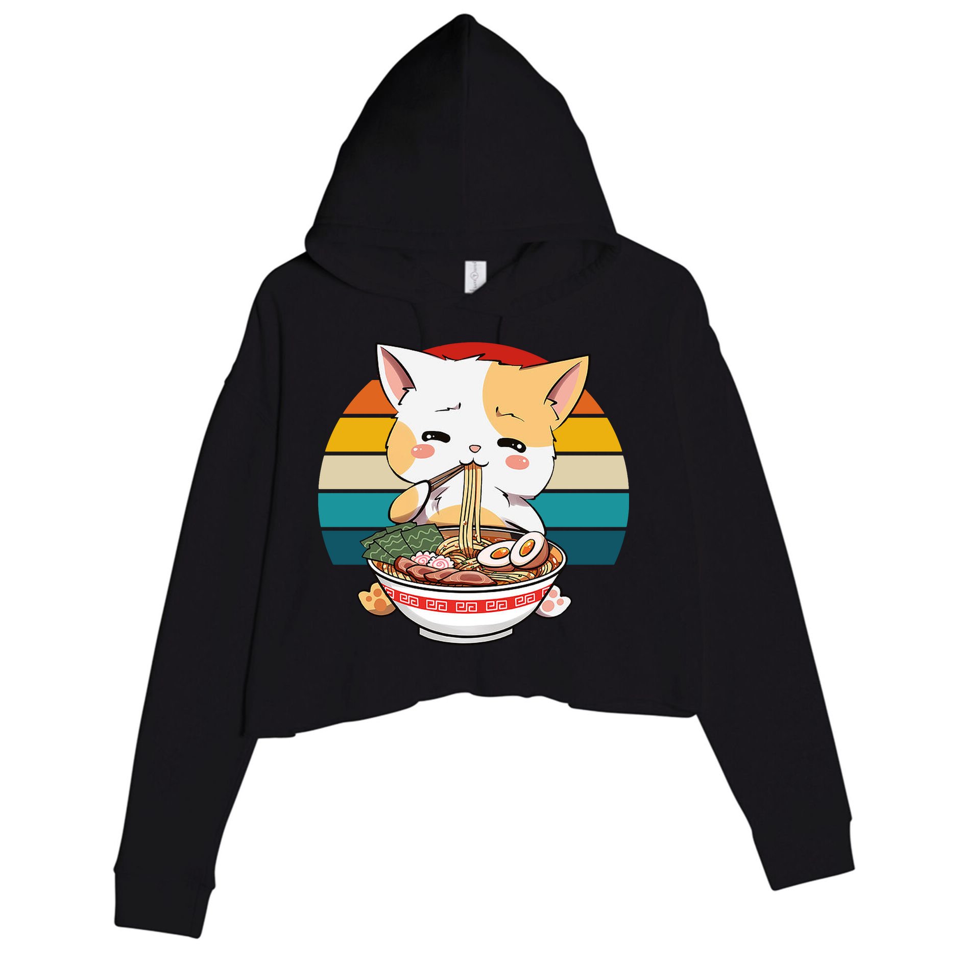 Kawaii Ramen Cat Retro Sunset Crop Fleece Hoodie