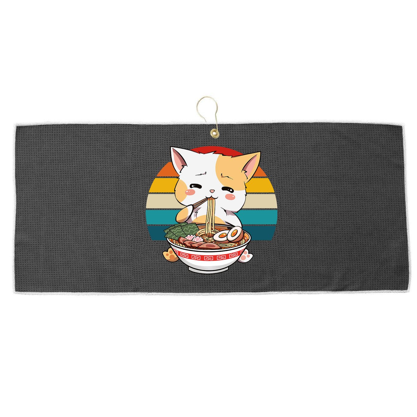 Kawaii Ramen Cat Retro Sunset Large Microfiber Waffle Golf Towel