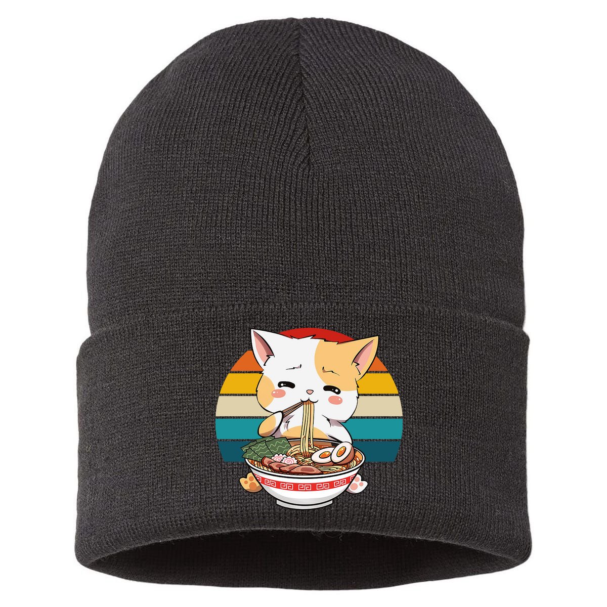 Kawaii Ramen Cat Retro Sunset Sustainable Knit Beanie