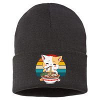 Kawaii Ramen Cat Retro Sunset Sustainable Knit Beanie