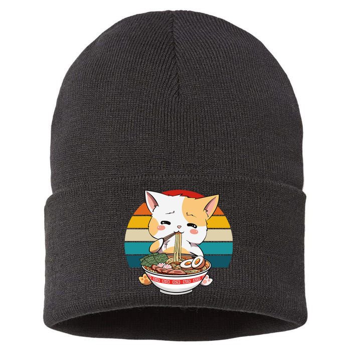 Kawaii Ramen Cat Retro Sunset Sustainable Knit Beanie