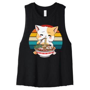 Kawaii Ramen Cat Retro Sunset Women's Racerback Cropped Tank