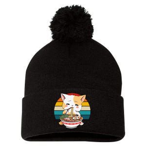 Kawaii Ramen Cat Retro Sunset Pom Pom 12in Knit Beanie