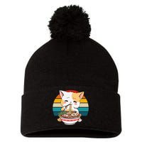 Kawaii Ramen Cat Retro Sunset Pom Pom 12in Knit Beanie