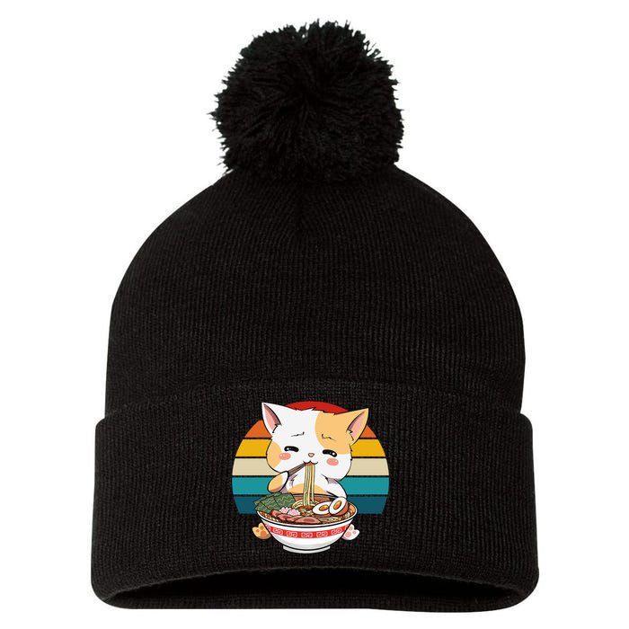 Kawaii Ramen Cat Retro Sunset Pom Pom 12in Knit Beanie