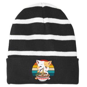 Kawaii Ramen Cat Retro Sunset Striped Beanie with Solid Band