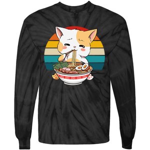 Kawaii Ramen Cat Retro Sunset Tie-Dye Long Sleeve Shirt