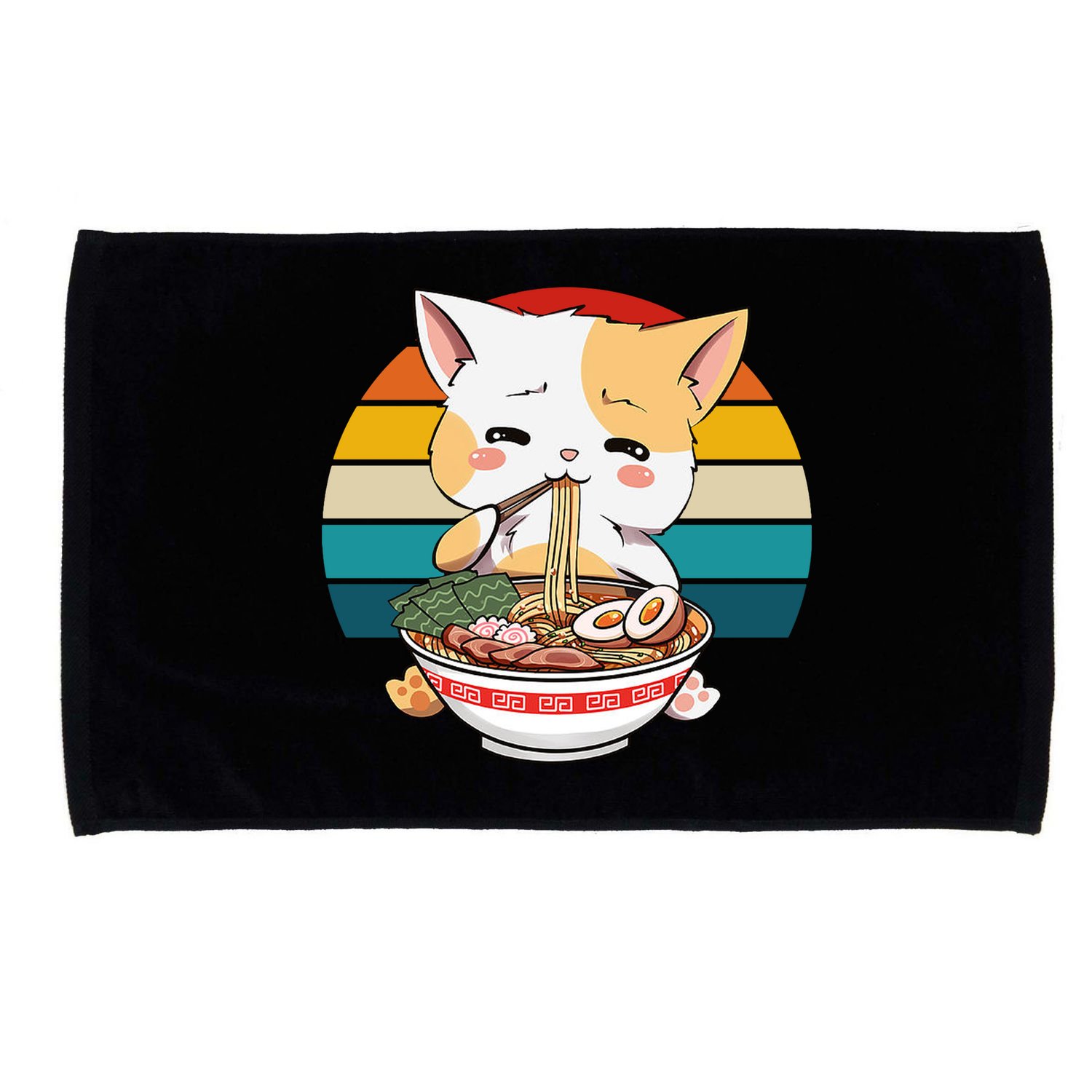 Kawaii Ramen Cat Retro Sunset Microfiber Hand Towel