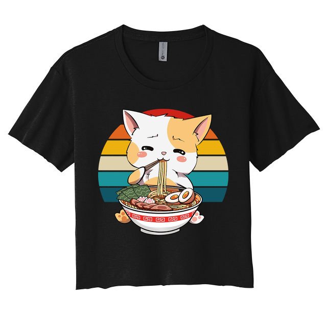 Kawaii Ramen Cat Retro Sunset Crop Top