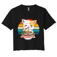 Kawaii Ramen Cat Retro Sunset Women's Crop Top Tee