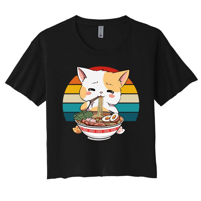 Kawaii Ramen Cat Retro Sunset Women's Crop Top Tee