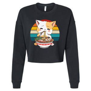 Kawaii Ramen Cat Retro Sunset Cropped Pullover Crew