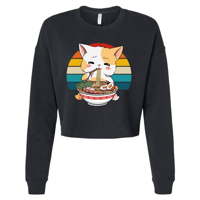 Kawaii Ramen Cat Retro Sunset Cropped Pullover Crew