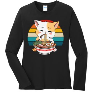 Kawaii Ramen Cat Retro Sunset Ladies Long Sleeve Shirt