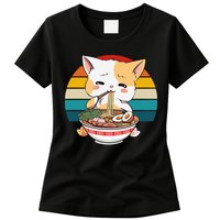 Kawaii Ramen Cat Retro Sunset Womens T-Shirt