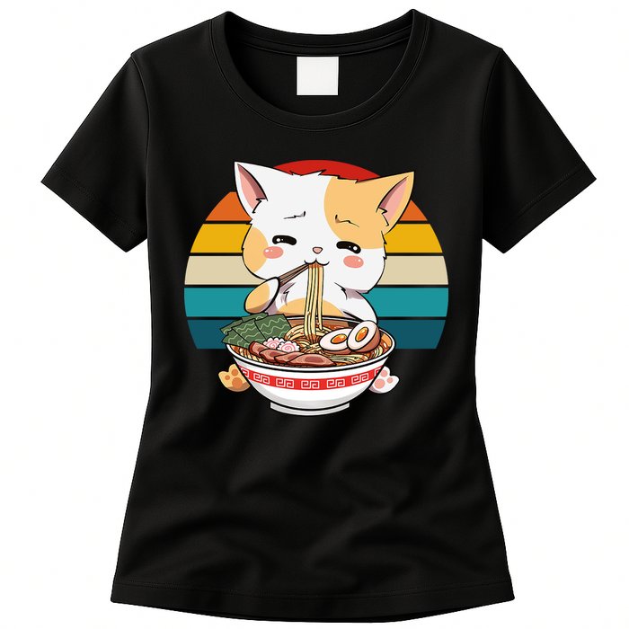 Kawaii Ramen Cat Retro Sunset Womens T-Shirt