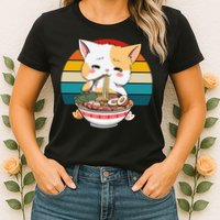 Kawaii Ramen Cat Retro Sunset Womens T-Shirt