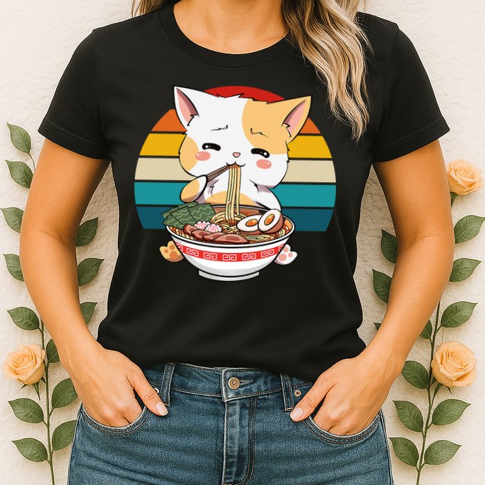 Kawaii Ramen Cat Retro Sunset Womens T-Shirt