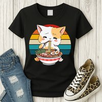 Kawaii Ramen Cat Retro Sunset Womens T-Shirt