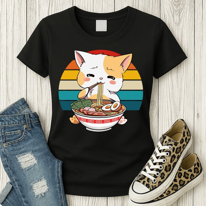 Kawaii Ramen Cat Retro Sunset Womens T-Shirt