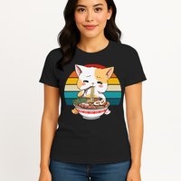 Kawaii Ramen Cat Retro Sunset Womens T-Shirt