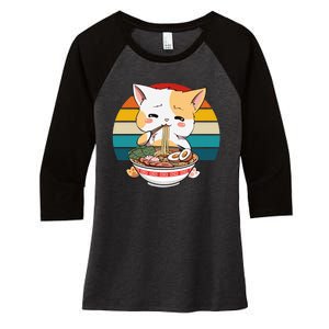 Kawaii Ramen Cat Retro Sunset Women's Tri-Blend 3/4-Sleeve Raglan Shirt