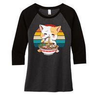 Kawaii Ramen Cat Retro Sunset Women's Tri-Blend 3/4-Sleeve Raglan Shirt