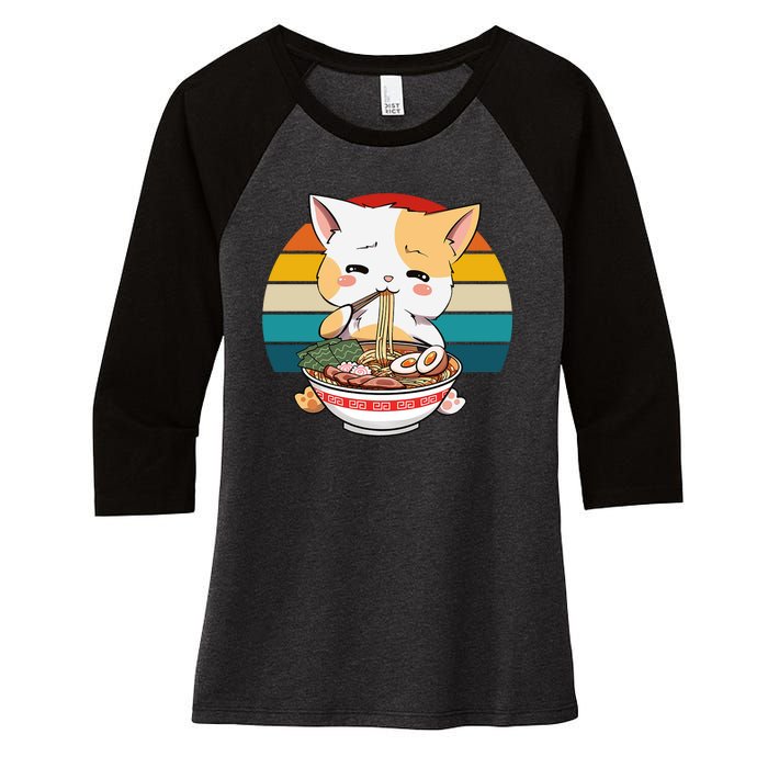 Kawaii Ramen Cat Retro Sunset Women's Tri-Blend 3/4-Sleeve Raglan Shirt