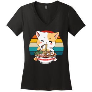 Kawaii Ramen Cat Retro Sunset Women's V-Neck T-Shirt