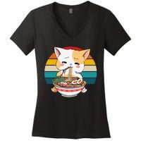 Kawaii Ramen Cat Retro Sunset Women's V-Neck T-Shirt