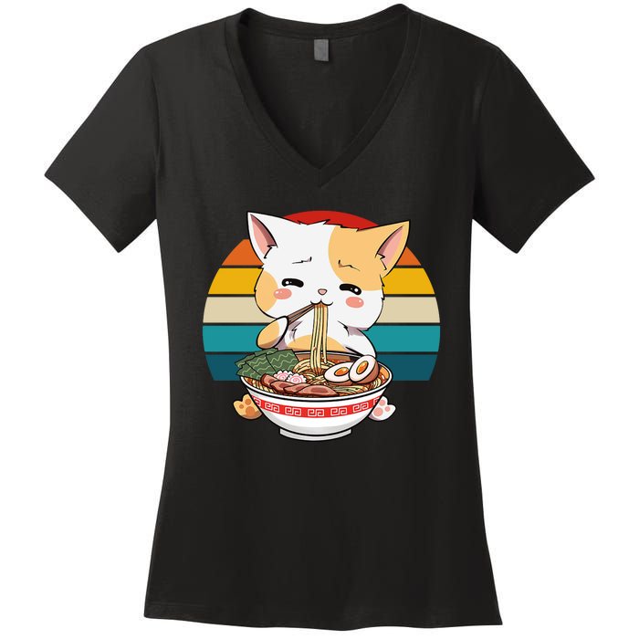 Kawaii Ramen Cat Retro Sunset Women's V-Neck T-Shirt