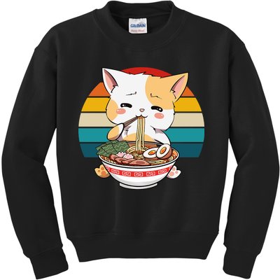 Kawaii Ramen Cat Retro Sunset Kids Sweatshirt