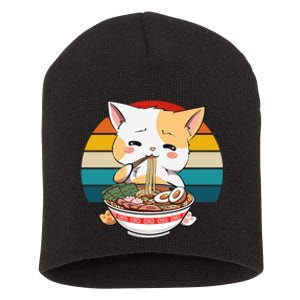 Kawaii Ramen Cat Retro Sunset Short Acrylic Beanie