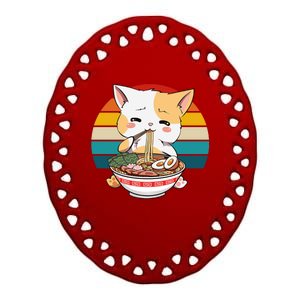 Kawaii Ramen Cat Retro Sunset Ceramic Oval Ornament