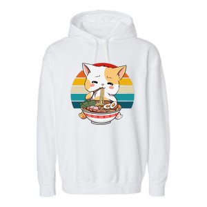 Kawaii Ramen Cat Retro Sunset Garment-Dyed Fleece Hoodie