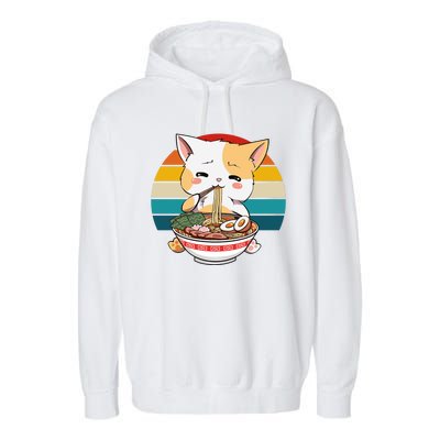 Kawaii Ramen Cat Retro Sunset Garment-Dyed Fleece Hoodie