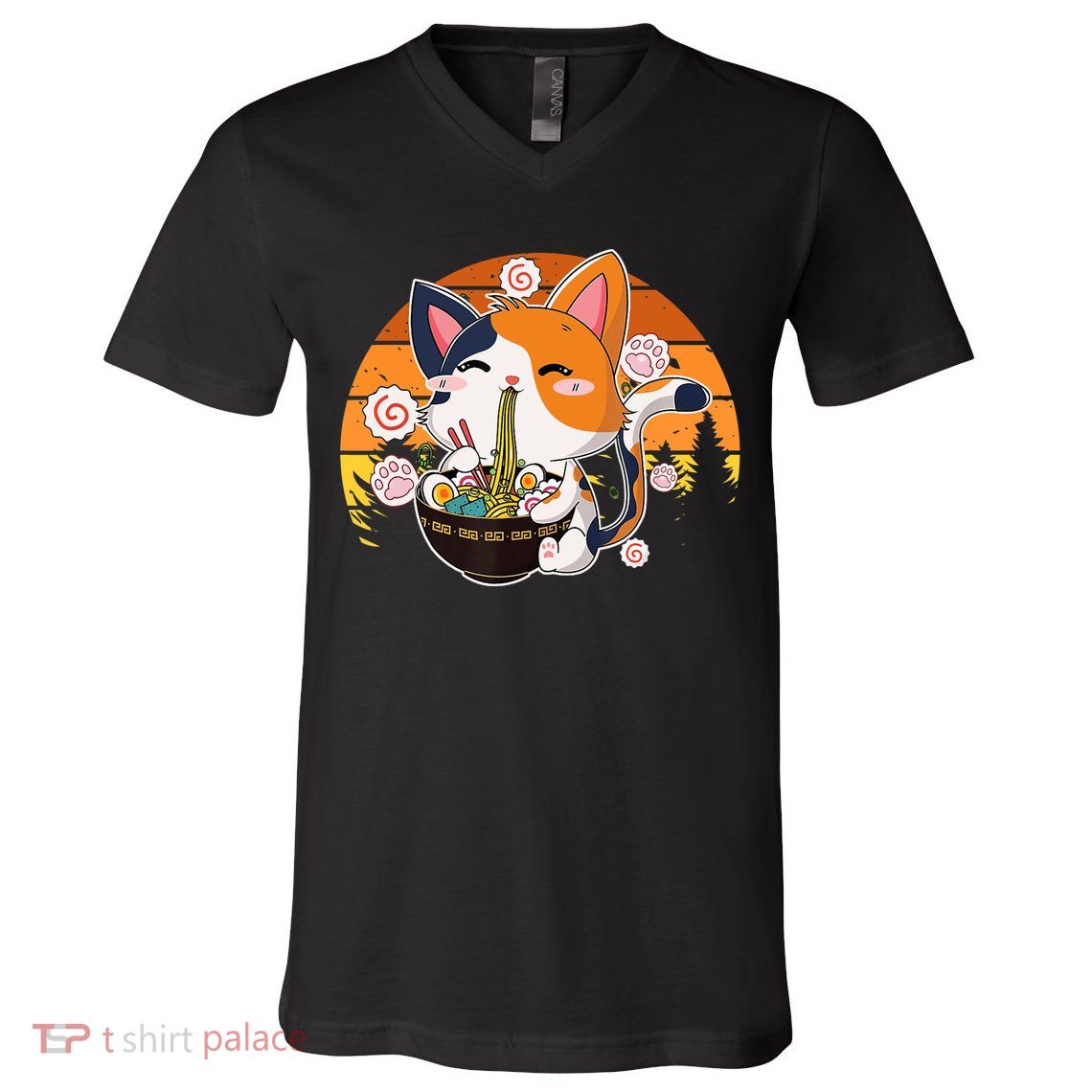 Kawaii Ra Cat Anime Japanese Neko Noodle Funny Vintage V-Neck T-Shirt