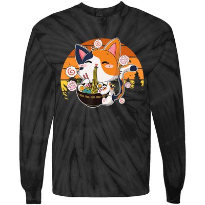 Kawaii Ra Cat Anime Japanese Neko Noodle Funny Vintage Tie-Dye Long Sleeve Shirt