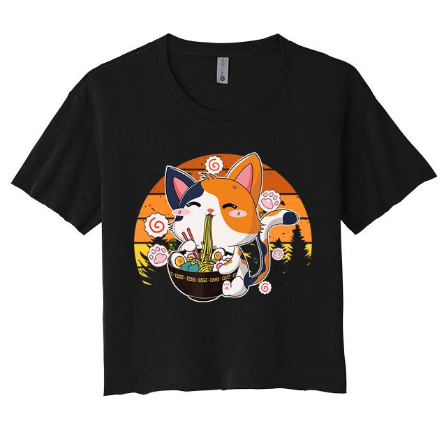 Kawaii Ra Cat Anime Japanese Neko Noodle Funny Vintage Women's Crop Top Tee