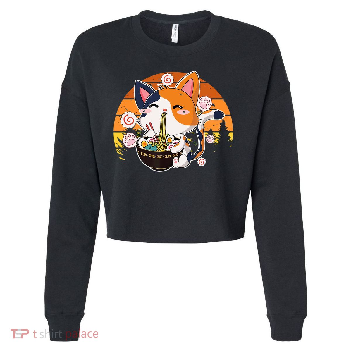Kawaii Ra Cat Anime Japanese Neko Noodle Funny Vintage Cropped Pullover Crew