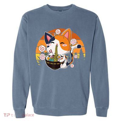 Kawaii Ra Cat Anime Japanese Neko Noodle Funny Vintage Garment-Dyed Sweatshirt