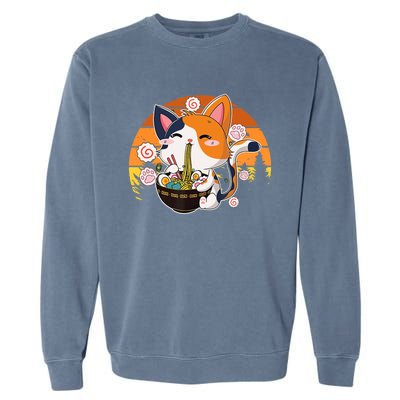 Kawaii Ra Cat Anime Japanese Neko Noodle Funny Vintage Garment-Dyed Sweatshirt