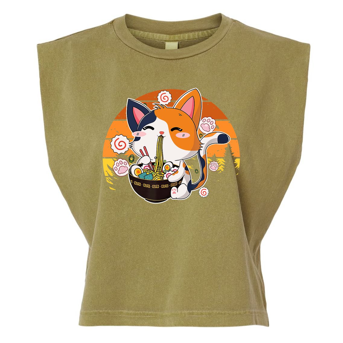 Kawaii Ra Cat Anime Japanese Neko Noodle Funny Vintage Garment-Dyed Women's Muscle Tee
