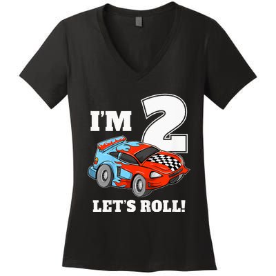 Kids Race Car 2nd Birthday Boy 2 Two Racing Car Driver Women's V-Neck T-Shirt