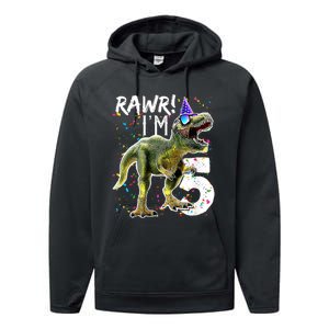 K.i.d.s Rawr I'm 5 5th Birthday Party T Rex Dinosaur Gift for b.o.y.s Performance Fleece Hoodie